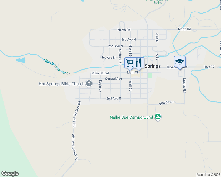 map of restaurants, bars, coffee shops, grocery stores, and more near 498 1st Avenue South in Hot Springs