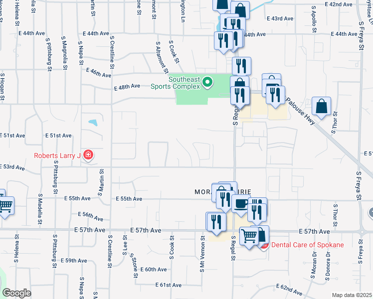 map of restaurants, bars, coffee shops, grocery stores, and more near 5205 South Smith Court in Spokane