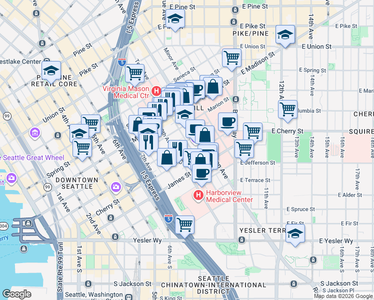 map of restaurants, bars, coffee shops, grocery stores, and more near 707 Terry Avenue in Seattle