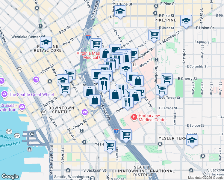 map of restaurants, bars, coffee shops, grocery stores, and more near 800 Columbia Street in Seattle