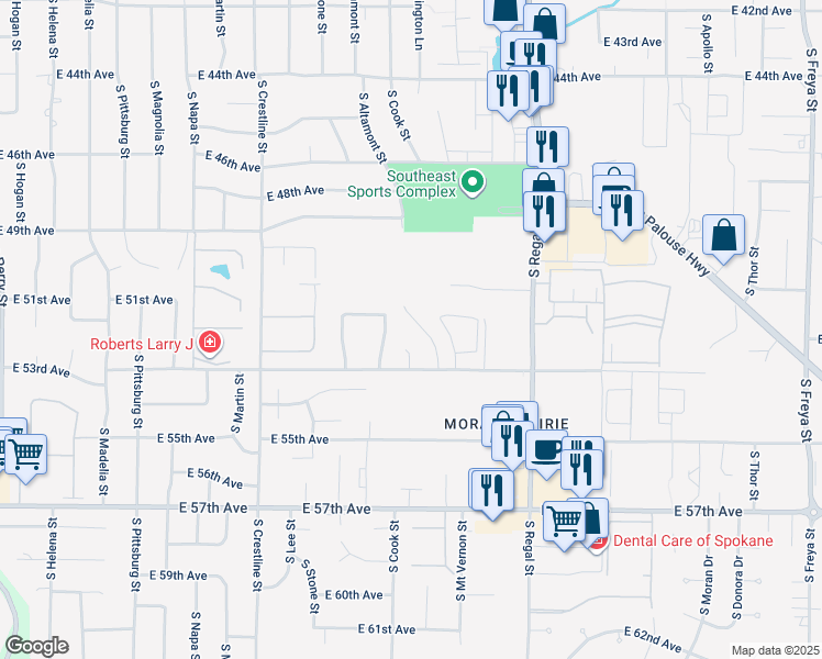 map of restaurants, bars, coffee shops, grocery stores, and more near 5118 South Smith Court in Spokane