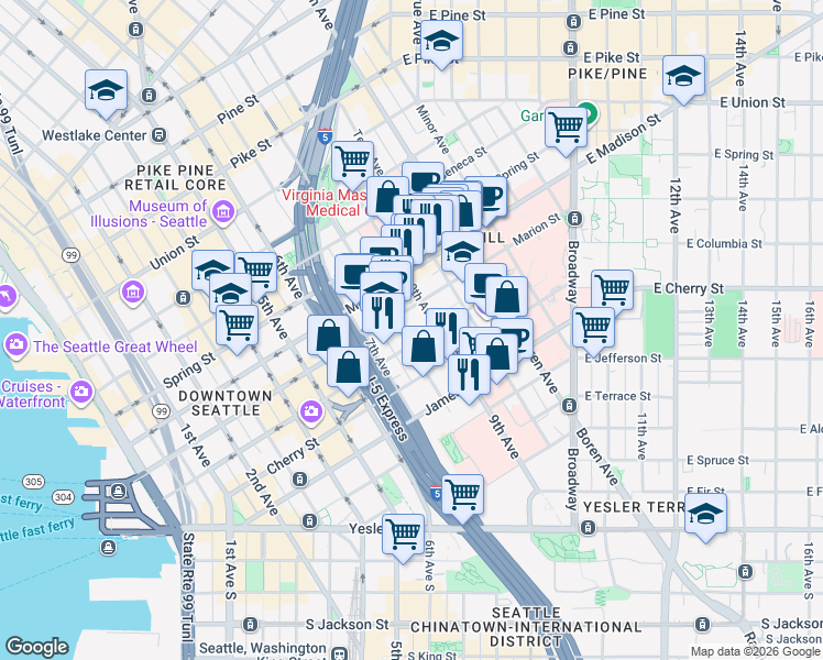 map of restaurants, bars, coffee shops, grocery stores, and more near 800 Columbia Street in Seattle