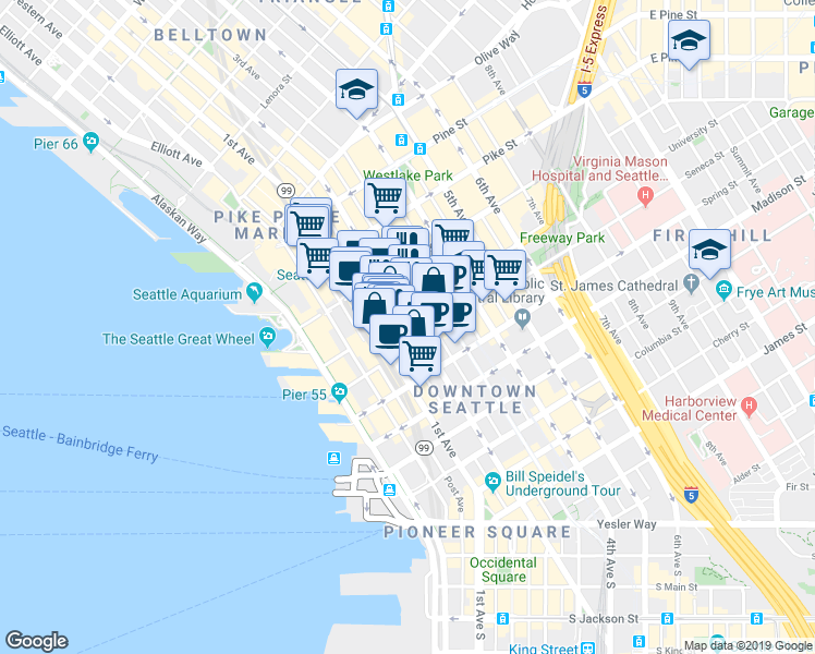 map of restaurants, bars, coffee shops, grocery stores, and more near 1215 2nd Avenue in Seattle
