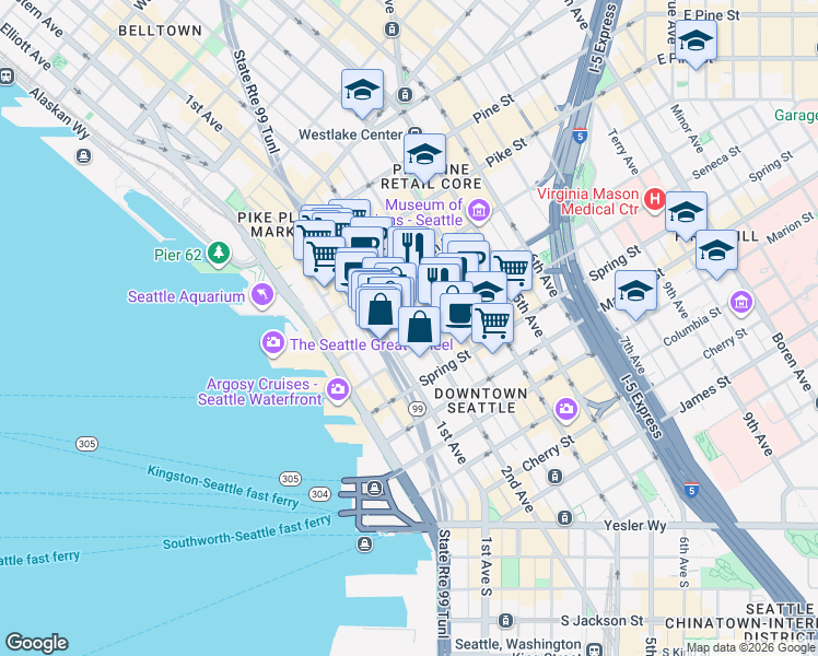 map of restaurants, bars, coffee shops, grocery stores, and more near 1221 2nd Avenue in Seattle