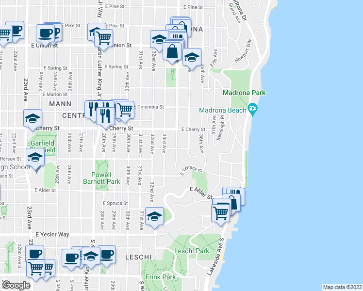 map of restaurants, bars, coffee shops, grocery stores, and more near 3406 East James Street in Seattle