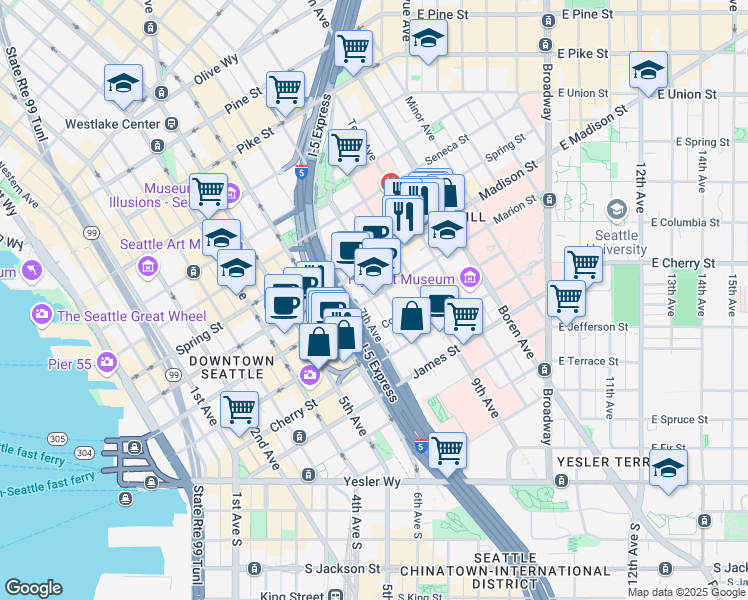 map of restaurants, bars, coffee shops, grocery stores, and more near 751 Marion Street in Seattle