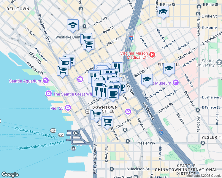 map of restaurants, bars, coffee shops, grocery stores, and more near in Seattle