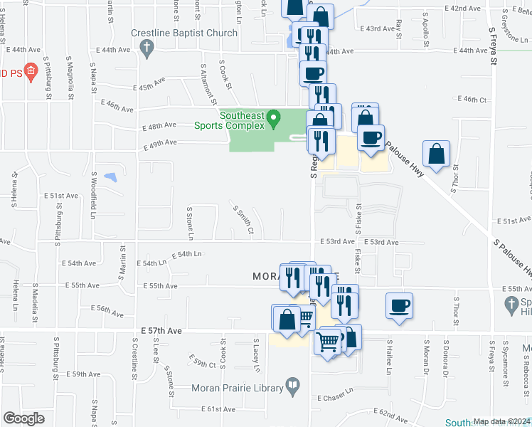 map of restaurants, bars, coffee shops, grocery stores, and more near 2525 East 53rd Avenue in Spokane