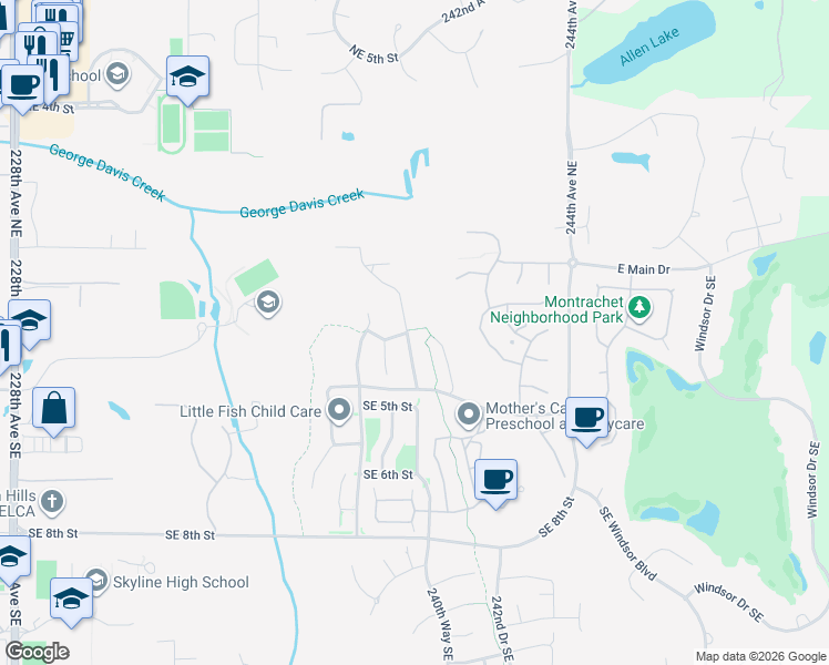 map of restaurants, bars, coffee shops, grocery stores, and more near 23822 Southeast 2nd Place in Sammamish