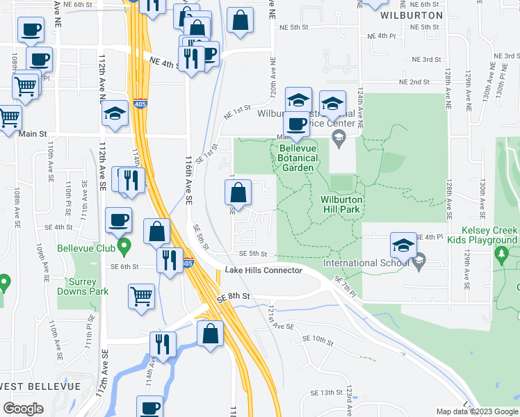 map of restaurants, bars, coffee shops, grocery stores, and more near 304 118th Avenue Southeast in Bellevue