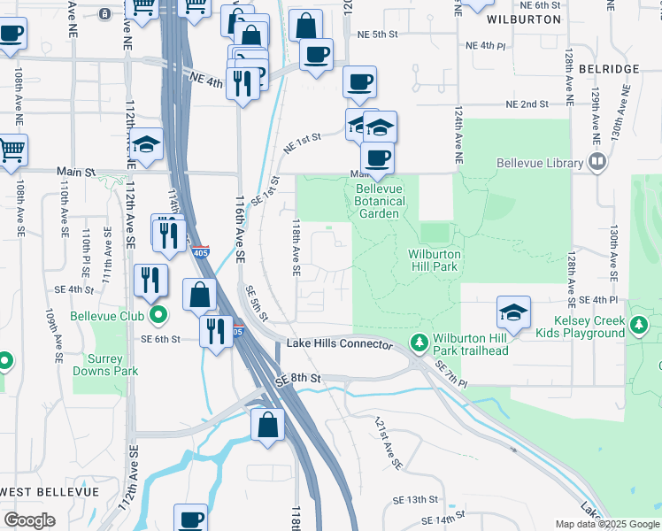 map of restaurants, bars, coffee shops, grocery stores, and more near 304 118th Avenue Southeast in Bellevue