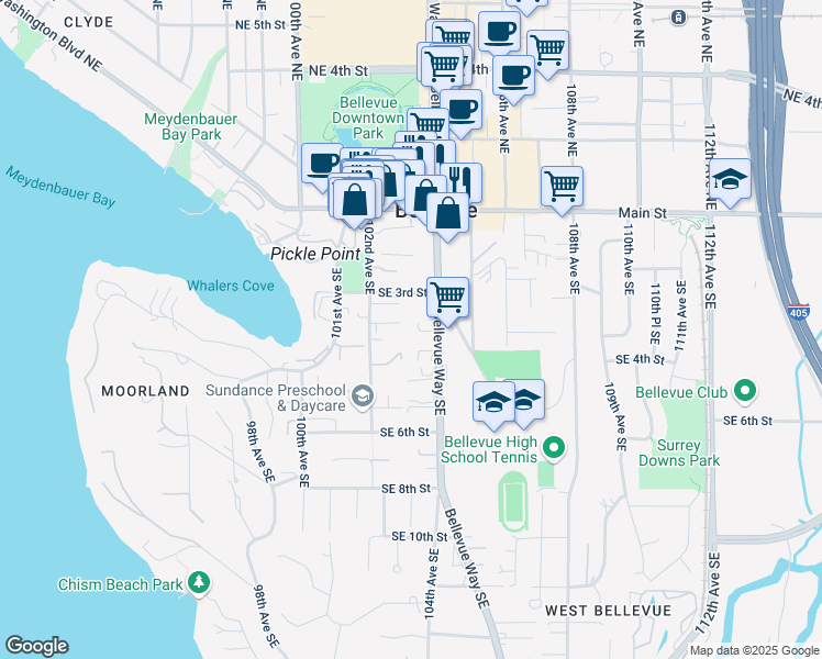 map of restaurants, bars, coffee shops, grocery stores, and more near 333 Bellevue Way Southeast in Bellevue