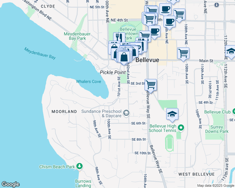 map of restaurants, bars, coffee shops, grocery stores, and more near 330 101st Avenue Southeast in Bellevue