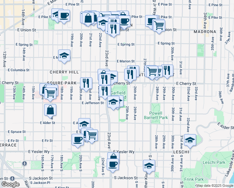 map of restaurants, bars, coffee shops, grocery stores, and more near 500 23rd Ave in Seattle