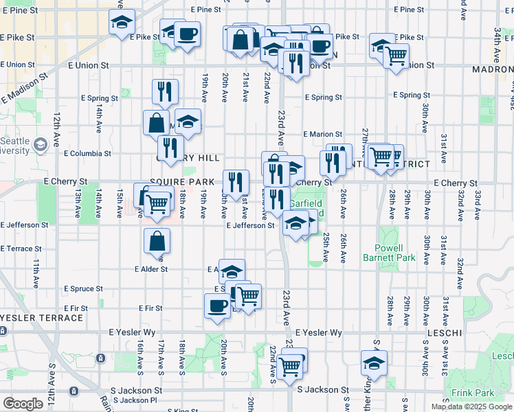 map of restaurants, bars, coffee shops, grocery stores, and more near 523 22nd Avenue in Seattle