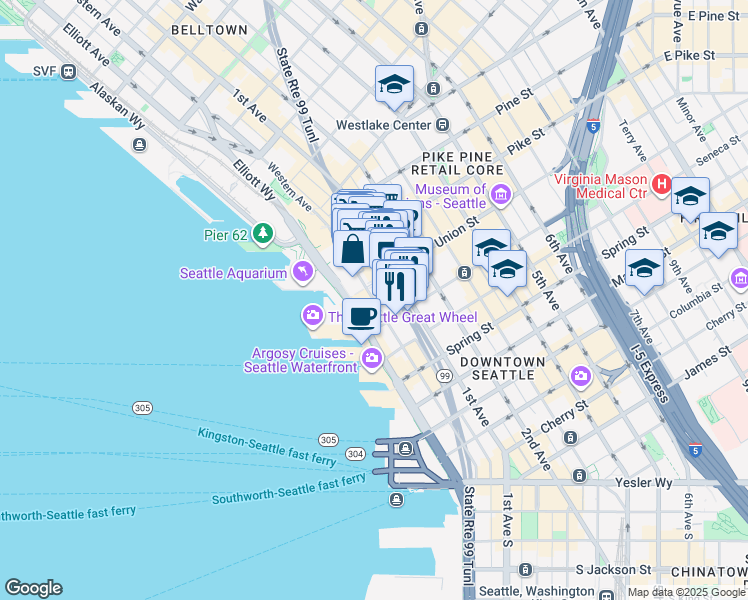 map of restaurants, bars, coffee shops, grocery stores, and more near 1319 Western Avenue in Seattle