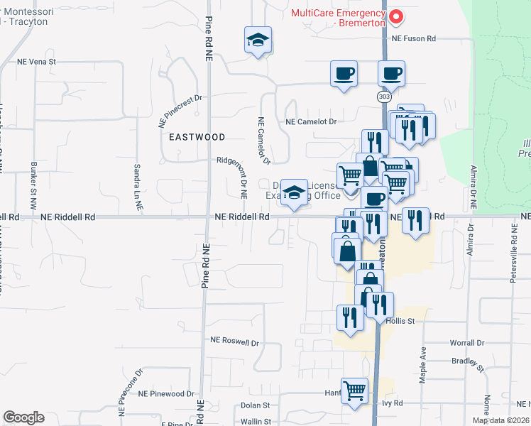 map of restaurants, bars, coffee shops, grocery stores, and more near 5041 Bowwood Circle Northeast in Bremerton