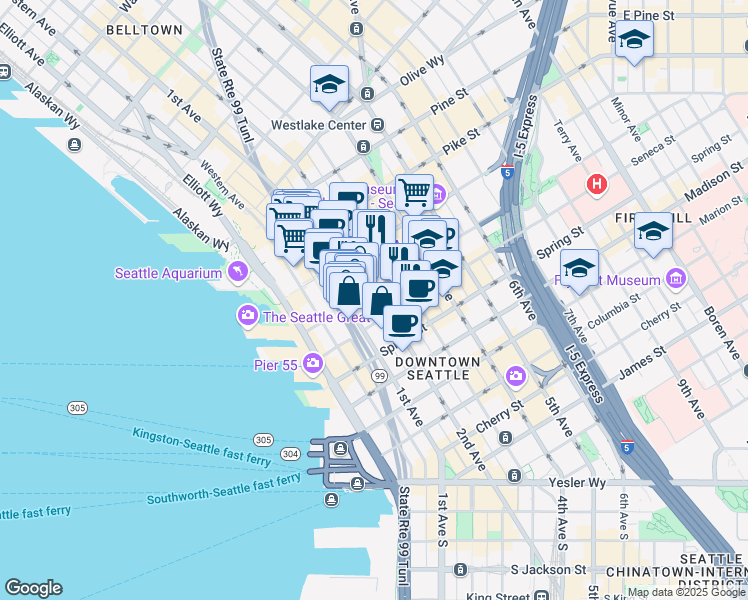 map of restaurants, bars, coffee shops, grocery stores, and more near 1201 2nd Avenue in Seattle