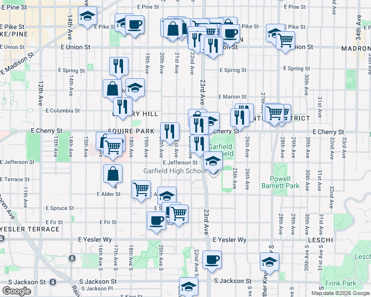 map of restaurants, bars, coffee shops, grocery stores, and more near 523 22nd Avenue in Seattle