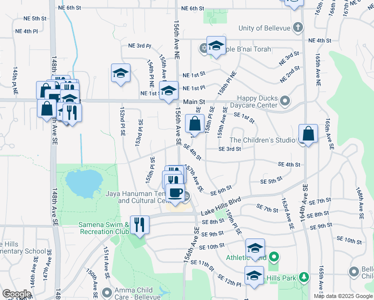 map of restaurants, bars, coffee shops, grocery stores, and more near 15615 Southeast 4th Street in Bellevue