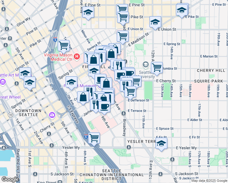 map of restaurants, bars, coffee shops, grocery stores, and more near 612 Boren Avenue in Seattle