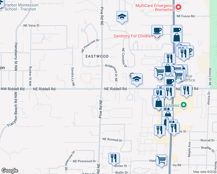 map of restaurants, bars, coffee shops, grocery stores, and more near 856 Northeast Riddell Road in Bremerton