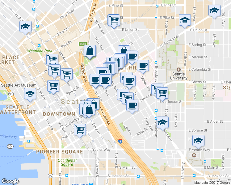 map of restaurants, bars, coffee shops, grocery stores, and more near 801 9th Avenue in Seattle