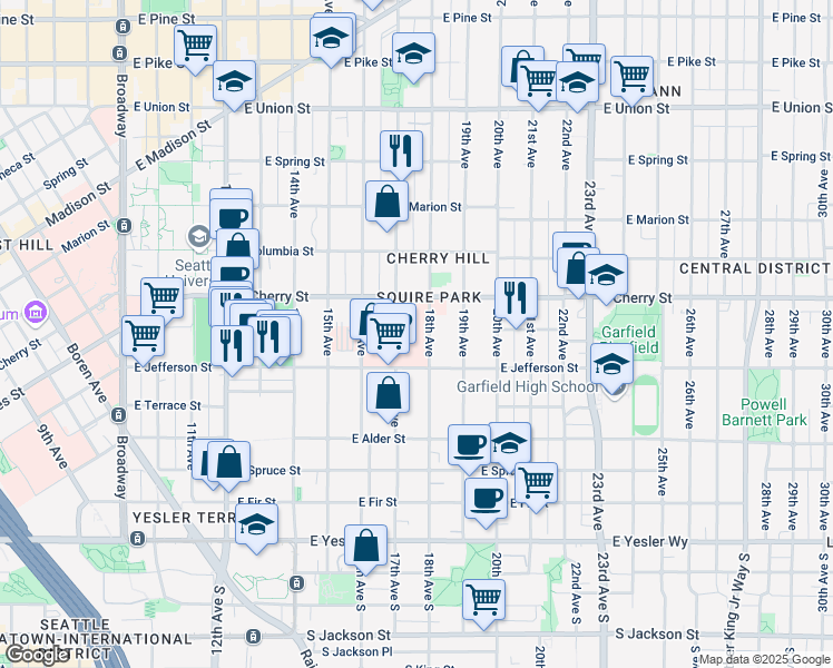 map of restaurants, bars, coffee shops, grocery stores, and more near 550 17th Avenue in Seattle