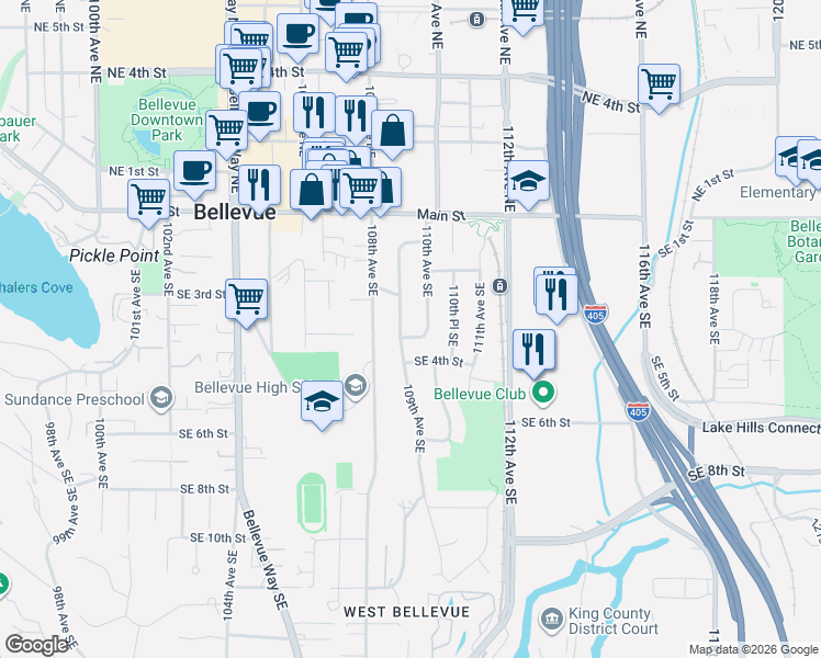 map of restaurants, bars, coffee shops, grocery stores, and more near 10906 Southeast 3rd Street in Bellevue