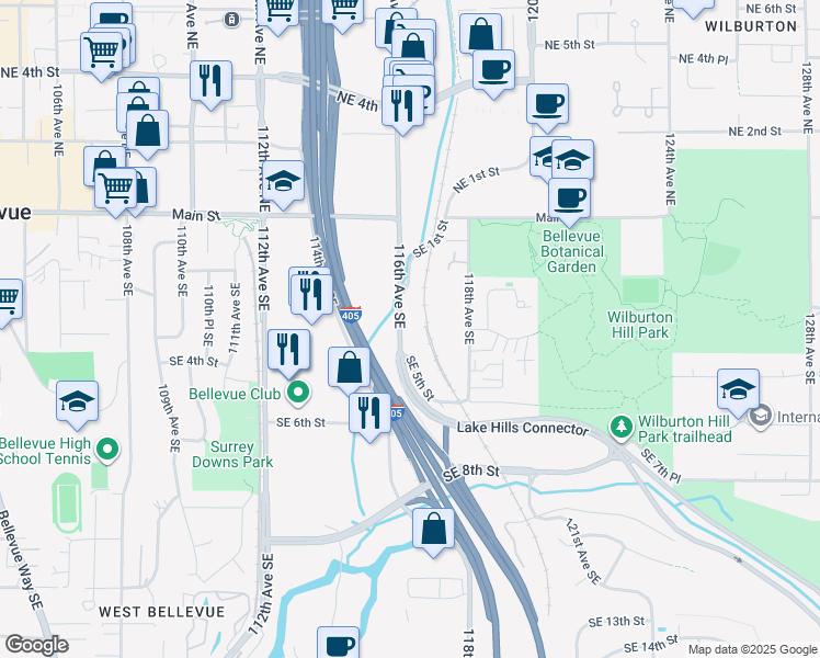 map of restaurants, bars, coffee shops, grocery stores, and more near 326 116th Avenue Southeast in Bellevue