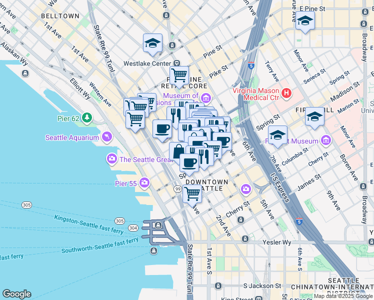 map of restaurants, bars, coffee shops, grocery stores, and more near in Seattle