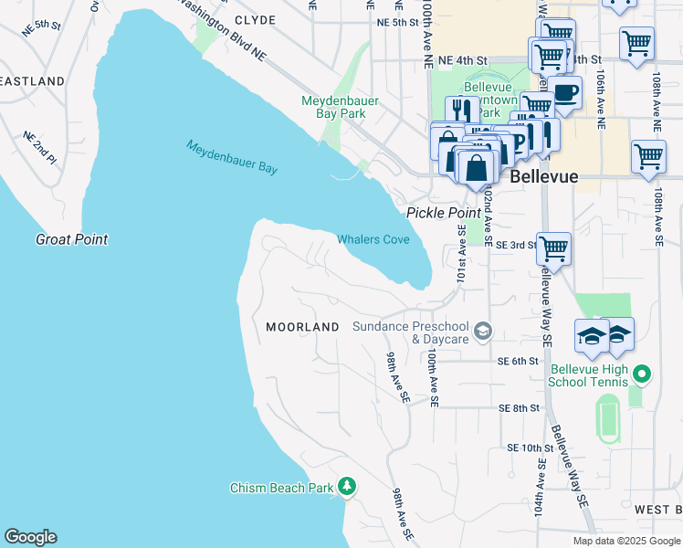 map of restaurants, bars, coffee shops, grocery stores, and more near 9532 Shoreland Drive Southeast in Bellevue