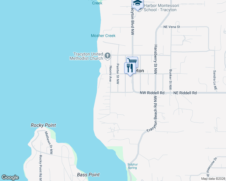 map of restaurants, bars, coffee shops, grocery stores, and more near 600 Northwest Riddell Road in Bremerton