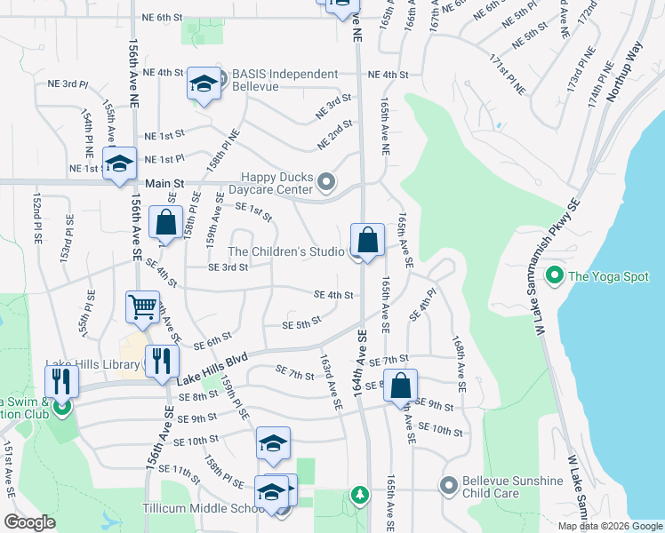 map of restaurants, bars, coffee shops, grocery stores, and more near 212 163rd Place Southeast in Bellevue