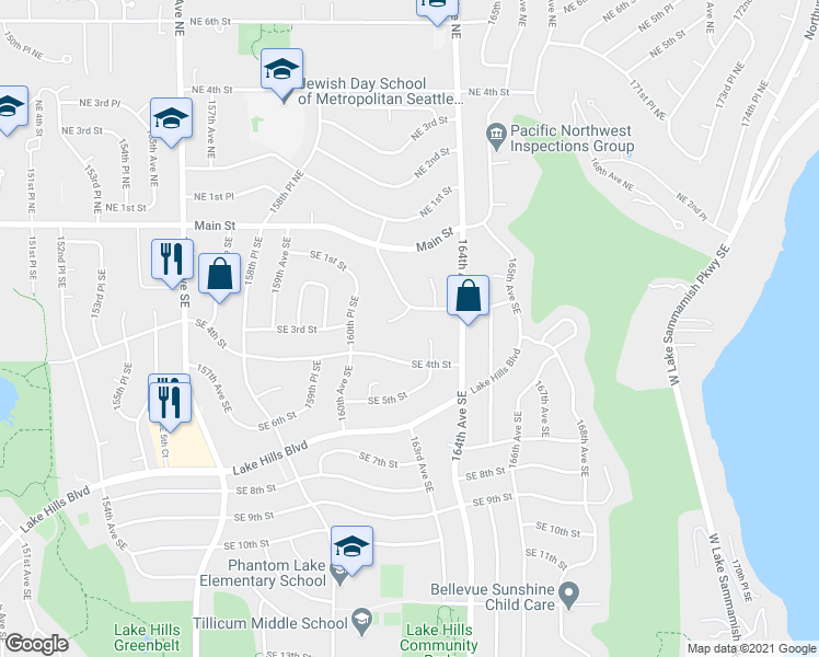 map of restaurants, bars, coffee shops, grocery stores, and more near 16035 Southeast 2nd Street in Bellevue