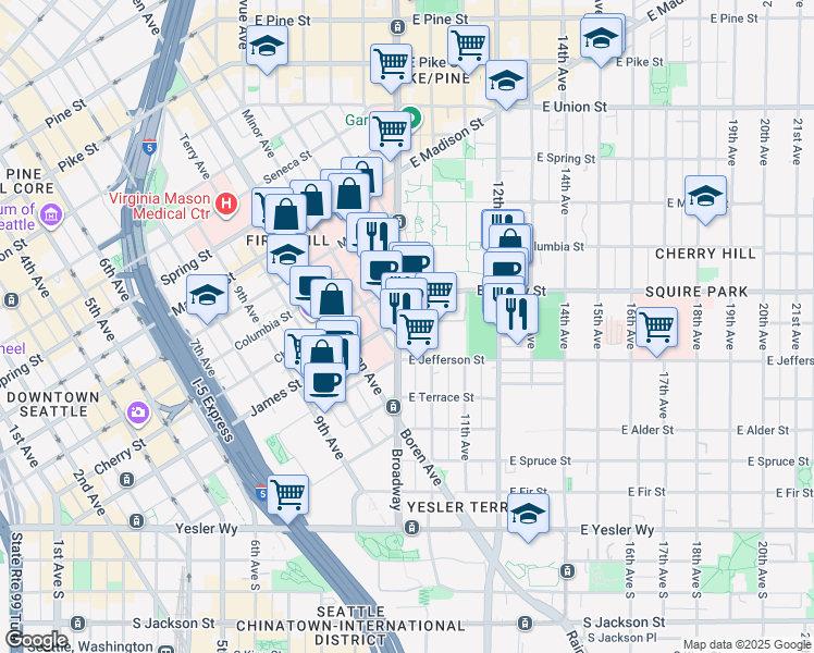 map of restaurants, bars, coffee shops, grocery stores, and more near 554 Broadway in Seattle