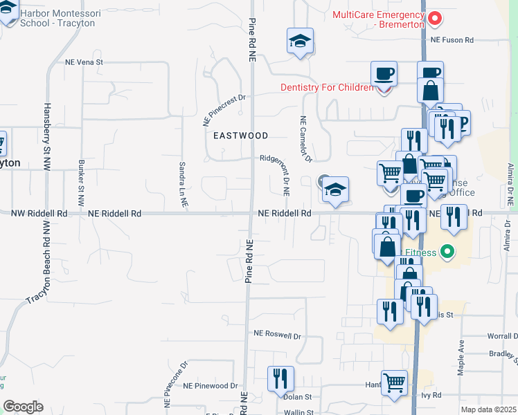 map of restaurants, bars, coffee shops, grocery stores, and more near 856 Northeast Riddell Road in Bremerton