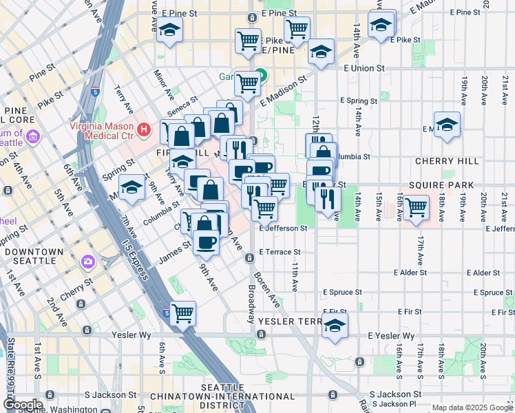 map of restaurants, bars, coffee shops, grocery stores, and more near 550 Broadway in Seattle