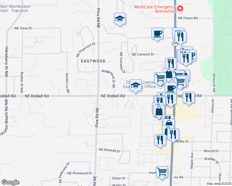 map of restaurants, bars, coffee shops, grocery stores, and more near 4820 Ridgemont Drive Northeast in Bremerton