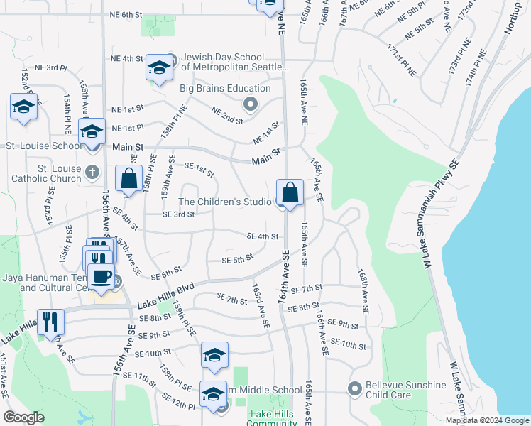 map of restaurants, bars, coffee shops, grocery stores, and more near 212 163rd Place Southeast in Bellevue
