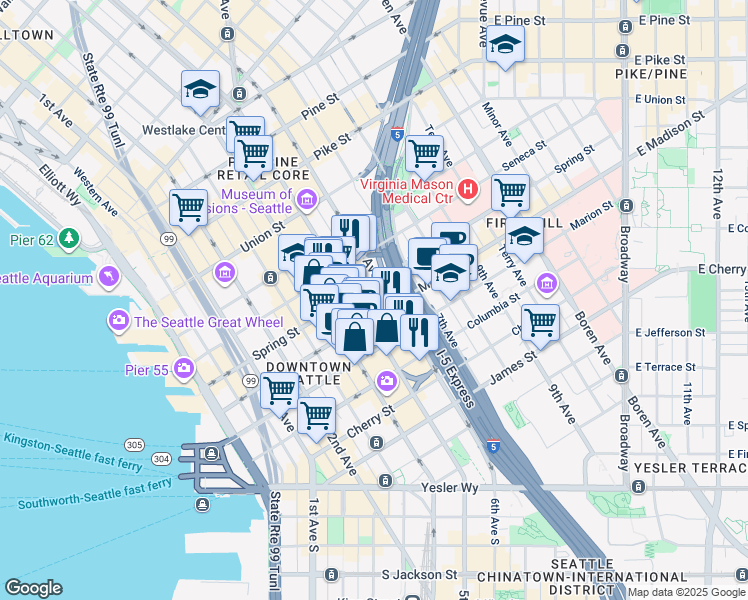 map of restaurants, bars, coffee shops, grocery stores, and more near 1010 5th Avenue in Seattle