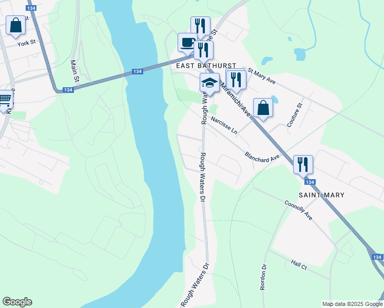 map of restaurants, bars, coffee shops, grocery stores, and more near 575 Gosnell Street in Bathurst