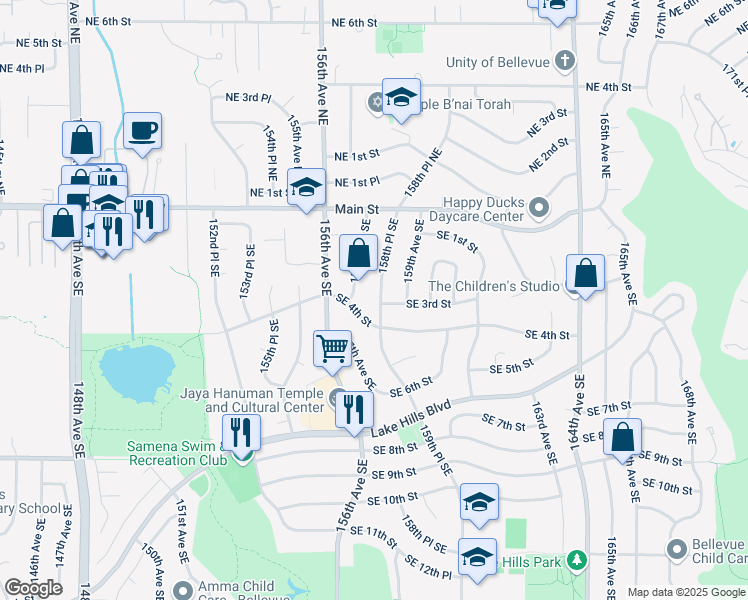 map of restaurants, bars, coffee shops, grocery stores, and more near 95 158th Place Southeast in Bellevue