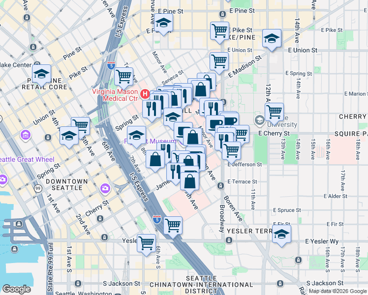 map of restaurants, bars, coffee shops, grocery stores, and more near 704 Terry Avenue in Seattle