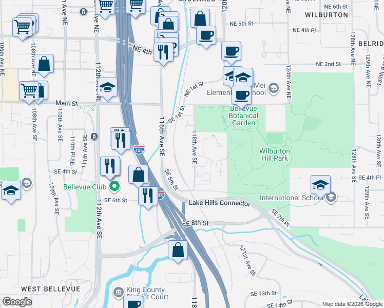 map of restaurants, bars, coffee shops, grocery stores, and more near 308 118th Avenue Southeast in Bellevue