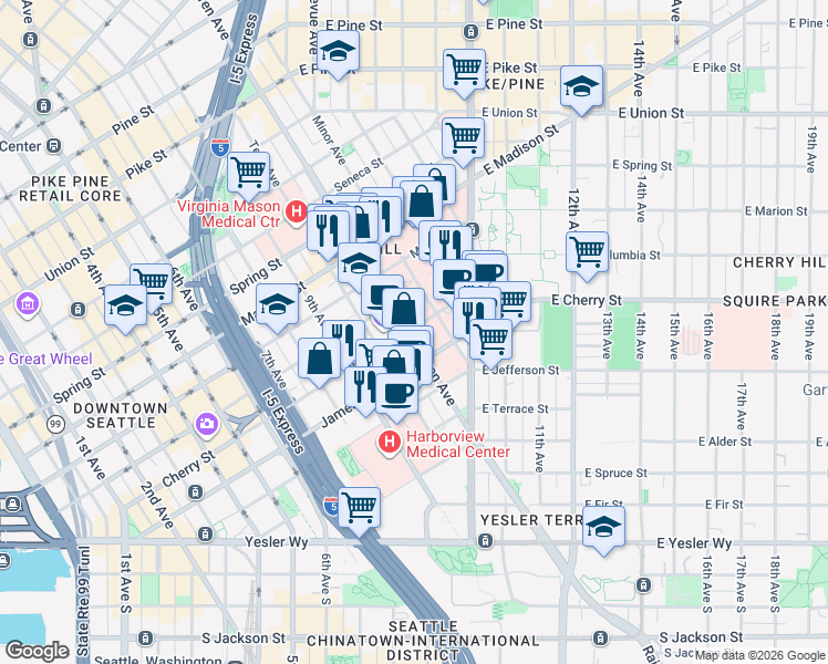 map of restaurants, bars, coffee shops, grocery stores, and more near 615 Boren Avenue in Seattle