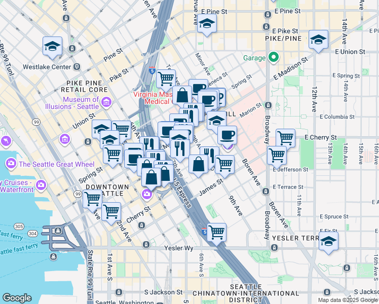 map of restaurants, bars, coffee shops, grocery stores, and more near 751 Marion Street in Seattle