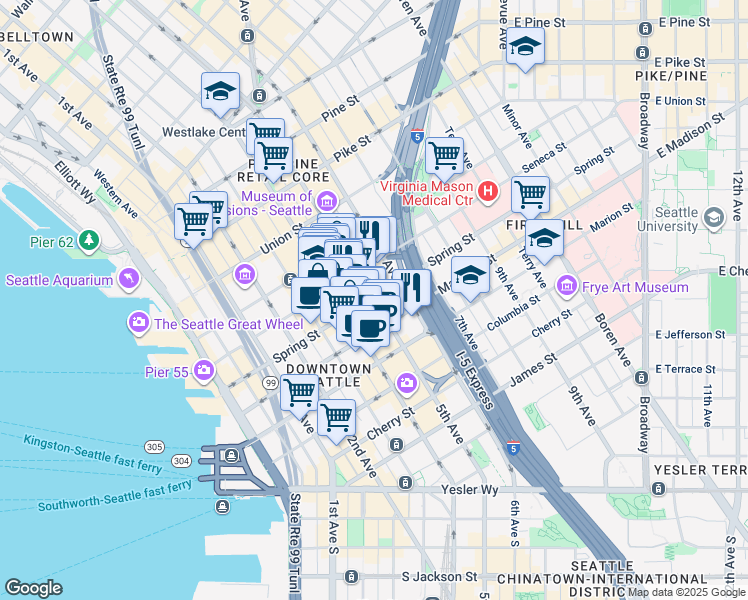 map of restaurants, bars, coffee shops, grocery stores, and more near 1100 5th Avenue in Seattle