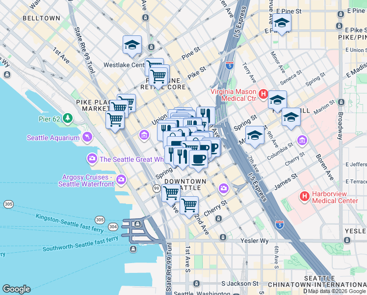 map of restaurants, bars, coffee shops, grocery stores, and more near in Seattle