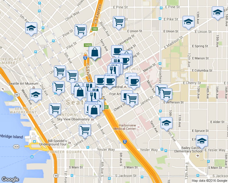map of restaurants, bars, coffee shops, grocery stores, and more near 751 Marion Street in Seattle